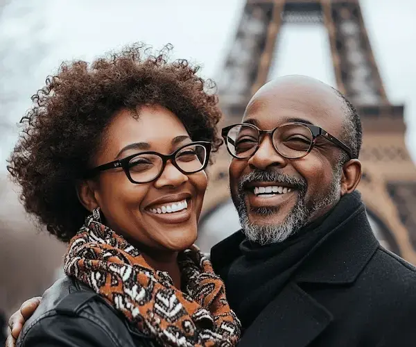 Travel in France Happy couple traveling to Paris, France with travel insurance